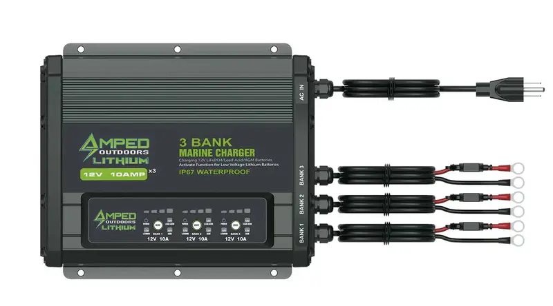 Amped Outdoors 3-Bank Marine Charger With M8 Ring | Model Ao-0331M | Input 105-125V Ac 1