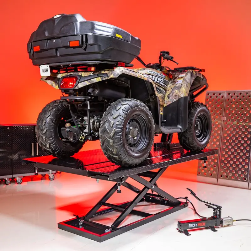 Black Widow Extra-Wide Air/Hydraulic Motorcycle & Atv Lift Table | Model Bw-1500Ah-Z | Platform 76.5" L X 47.75" W | Capacity 1,500 Lb. | Horsepower 4 To 90+ Hp | For Motorcycles & Atvs 1