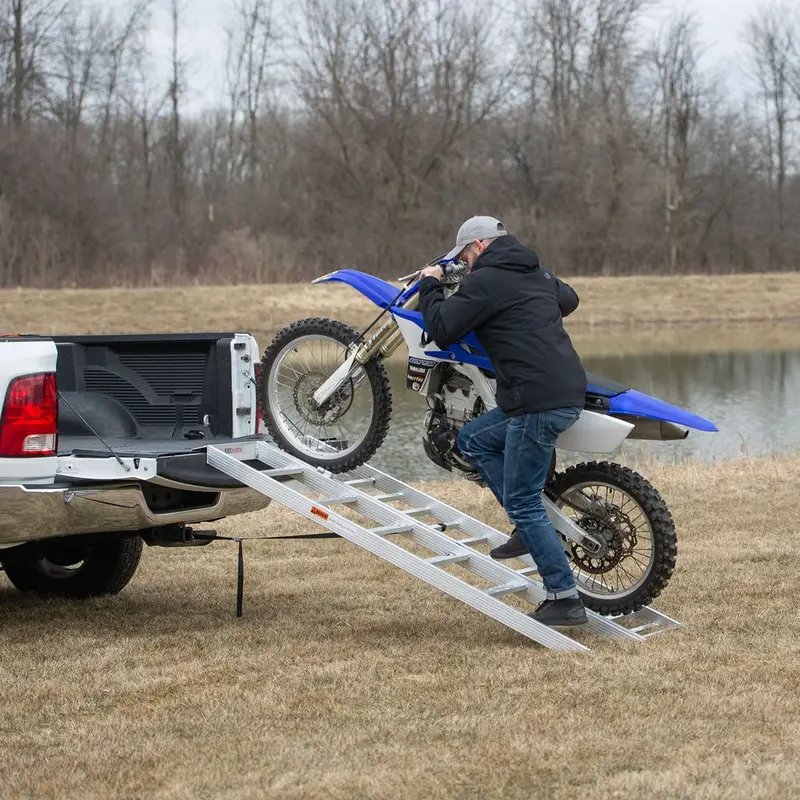 Black Widow Motorcycle Loading Ramp With Steps | Model Mc-Stepramp-1737 | Width 6' 10.25" Bi-Fold | Ramp Capacity 750 Lb. | Step Capacity 400 Lb. | For Truck & Trailer 1