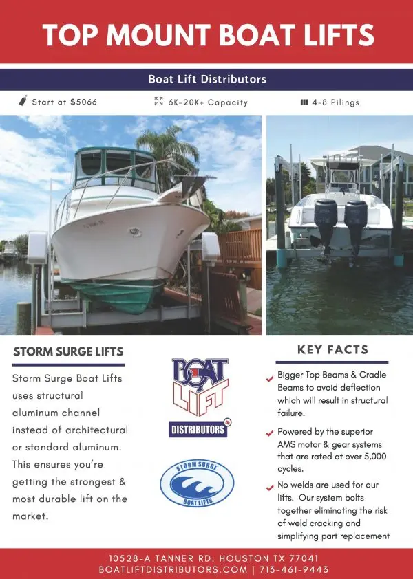 Boat Lift Distributors | Storm Surge | Ss 6000 Lb Top Mount Boat Lift | Model Storm64top | Lift Capacity 6,000 Lbs | Dual 1 Hp Tenv Motors | For 4-Piling Dock Boat 2