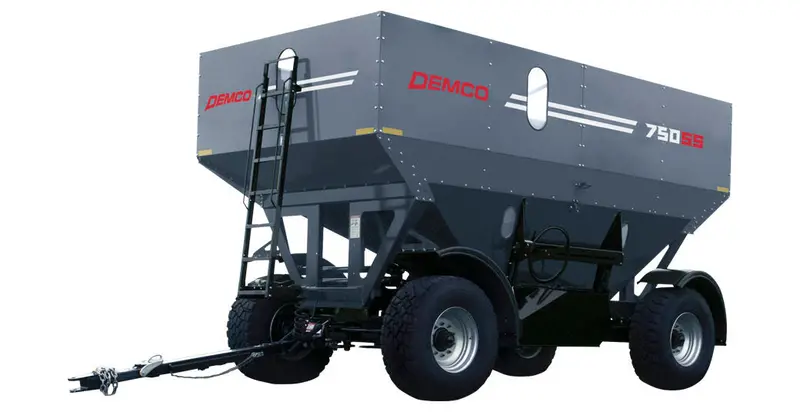 Demco | Gravity Flow Grain Wagon | Models 500 Ss, 650 Ss, 750 Ss | Width 106" To 108" | Bushel Capacity 500 To 750 Bu. | Spindles Size 3.5" | Horsepower 80 To 250 Hp | For Tractor 3