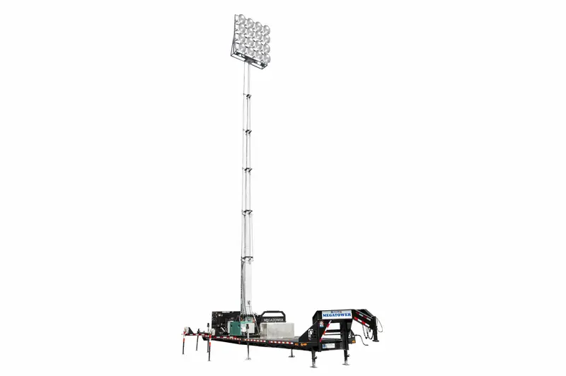 Larson Electronics 100' Hydraulic Megatower™ Light Plant - 33' Trailer - (20) Led Fixtures - 1,350,000 Lms - 480V 1Ph 1