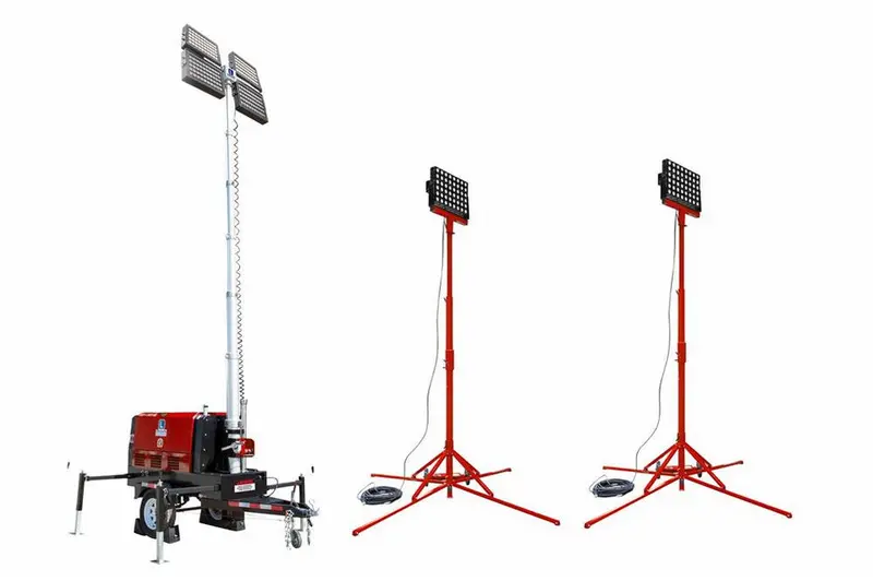 Larson Electronics 25' Led Light Tower - 20Kw Diesel Gen - (4) Led Lamps - 220V/50Hz - (2) Aux Led Towers - Red 1