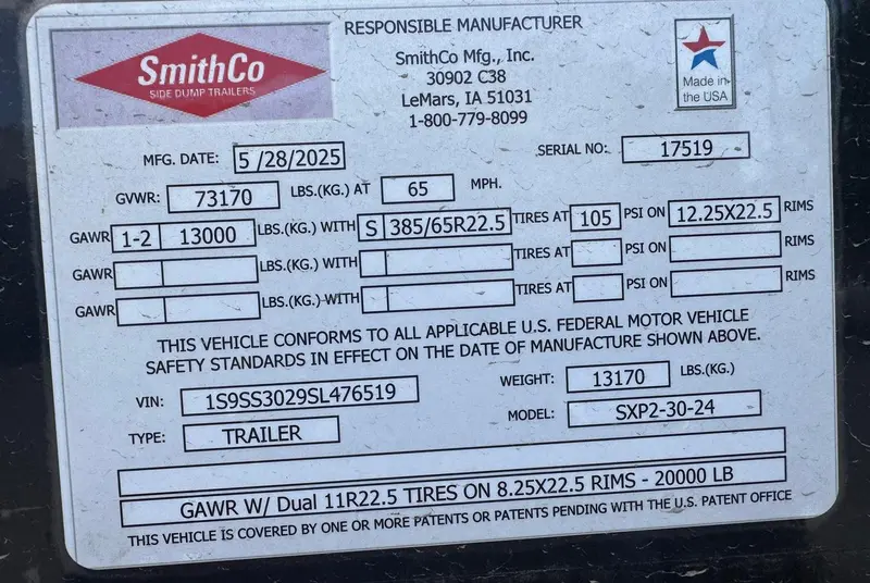 Smithco Side Dump Trailer | Model Sx2-3024P | Frame Length 30' | Tub Length 24' | Overall Width 102" 2