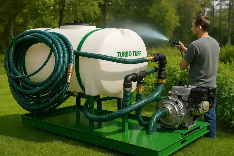 Turbo Turf Hydroseeder | Model Hs-300-E8 & Hs-300-E8-P | Width 62” | Length 93" & 95" | Capacity 300 Gallon | Engine Horsepower 8 Hp | Skid & Trailer 1