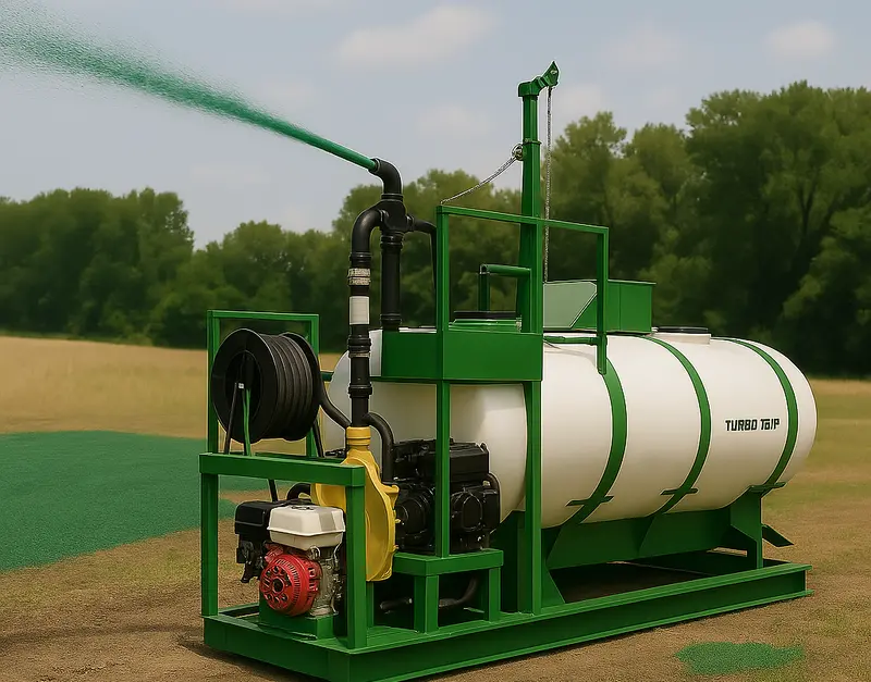Turbo Turf Hydroseeder | Model Hy-1000-He & Hy-1000-He-P | Width 88" | Capacity 1000 Gallons | Engine Horsepower 2X 13 Hp | Skid & Trailer 1