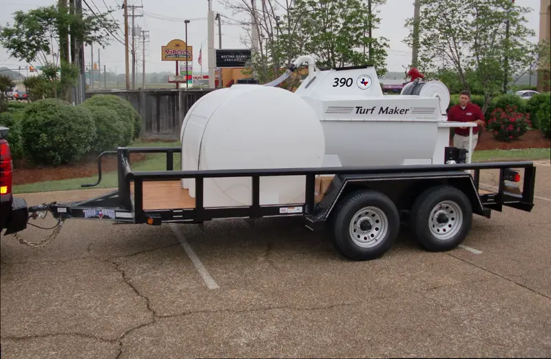 Turfmaker Hydroseeder | Model 390 (Hydraulic) | Total Capacity 390 Gallons | Skid Frame Width 47" | Single Axle Trailer Option 1